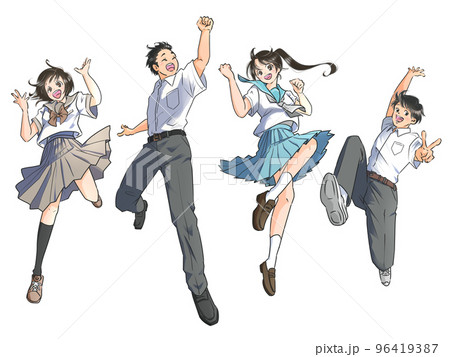 ジャンプする男女の学生　夏服 96419387