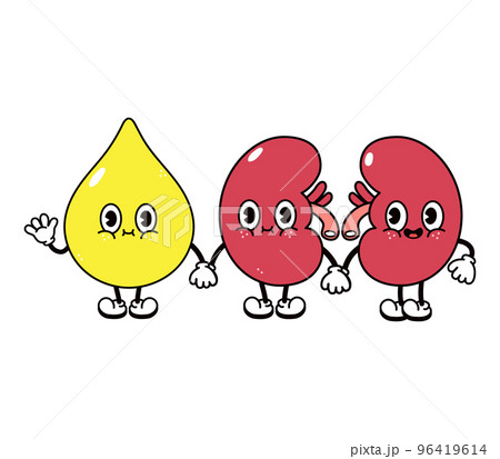 Cute, funny happy drop of urine and kidneys character. Vector hand drawn cartoon kawaii characters, illustration icon. Funny cartoon stomach and kidneys friends concept 96419614
