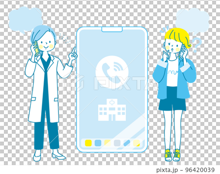 A young woman who consults by phone on a smartphone and a doctor who responds to a consultation 96420039