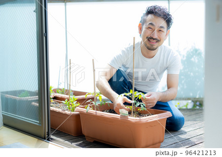 ベランダ菜園を楽しむ男性 96421213