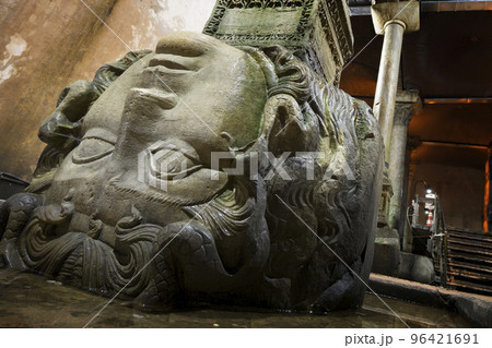 Head of the Medusa Gorgon in the underground tank Basilica, Istanbul, Turkey 96421691