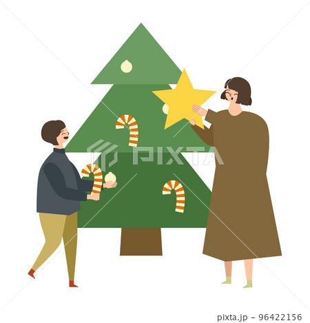 クリスマスツリーを飾り付ける親子のイラスト 96422156