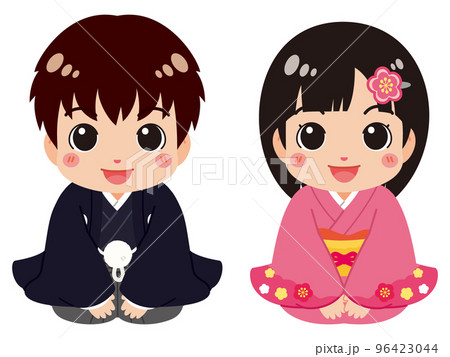 可愛らしく新年の挨拶をする羽織袴の男の子と着物姿の女の子 可愛らしく新年の挨拶をする羽織袴の男の子と着物姿の女の子 96423044