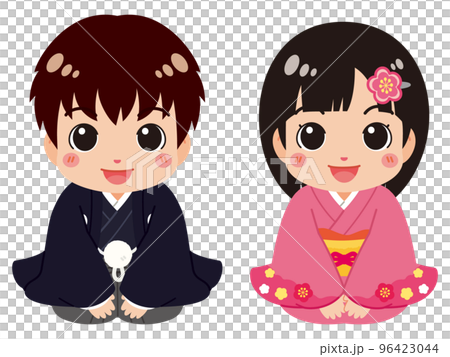 可愛らしく新年の挨拶をする羽織袴の男の子と着物姿の女の子 可愛らしく新年の挨拶をする羽織袴の男の子と着物姿の女の子 96423044