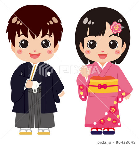 新年を迎えた可愛い羽織袴の男の子と着物姿の女の子 96423045