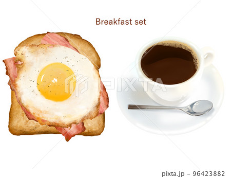 朝食のセットー食パンーベーコンー目玉焼きとコーヒーのイラスト 96423882