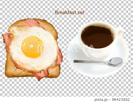 朝食のセットー食パンーベーコンー目玉焼きとコーヒーのイラスト 96423882