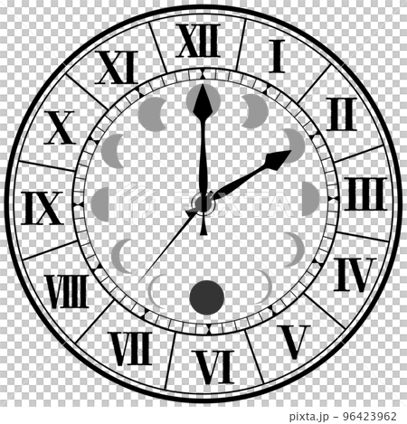 Retro, antique, ornate design wall clock with Roman numerals, moon phases motif Retro, antique, ornate design wall clock with Roman numerals, moon phases motif 96423962