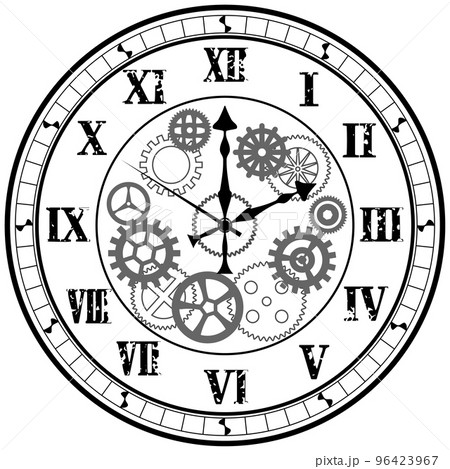 レトロ、アンティーク、ローマ字数字の華やかなデザインの壁掛け時計、スチームパンク、歯車モチーフ 96423967
