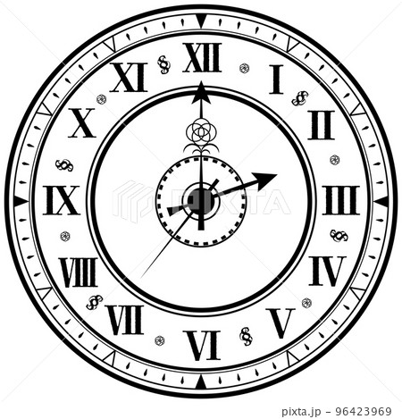 ヴィンテージ、レトロ、アンティーク、ラグジュアリー、ローマ字数字の華やかなデザインの壁掛け時計のイラスト素材 [96423969] - PIXTA