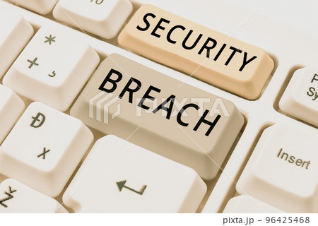 Conceptual display Security Breach. Business overview unauthorized access of data gained by a malicious intruder 96425468