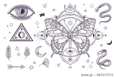 Esoteric moon poster. Mystic spiritual tattoo in boho style. Celestial  print. Stock Vector