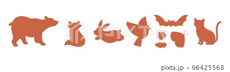 Animal and bird, insect and bat silhouettes. Bear, bunny, cat and butterfly graphic vector set. Isolated wild animals stickers collection Animal and bird, insect and bat silhouettes. Bear, bunny, cat and butterfly graphic vector set. Isolated wild animals stickers collection 96425568