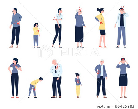 People suffer pain and spasm. Aching back, neck, muscular. Worker painful condition, infecting disease. Recent illnesses man woman vector set 96425883