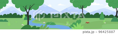 Summer forest landscape, green meadow river coast and tree. Camp hiking adventures. Vector nature background, mountains cartoon banner 96425887