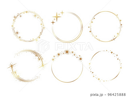 Round starry frames golden design. Stars bunch circle line decorative frame. Isolated vector gold round graphic art. Festive elements 96425888