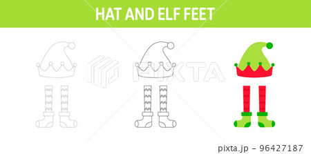 Hat And Elf Feet tracing and coloring worksheet for kids 96427187