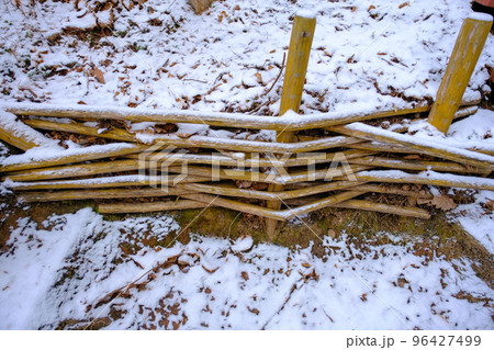 A fence of woven branches to create an ecologically sustainable wall against the possibility of land collapse. Background, texture, decorative element A fence of woven branches to create an ecologically sustainable wall against the possibility of land collapse. Background, texture, decorative element 96427499