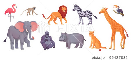Exotic savannah animals. Herbivorous and carnivores animal african wildlife, zoo safari jungle fauna gorilla monkey elephant cute lion cartoon giraffe ingenious vector illustration 96427882