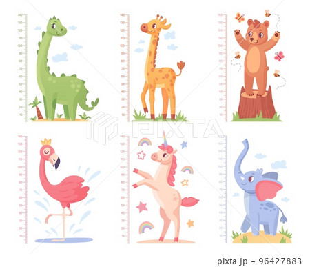 Animal growth rulers. Baby kid height measure short or tall meter kindergarten wall, funny animals centimeter size ruler chart child grow measurement, ingenious vector illustration 96427883