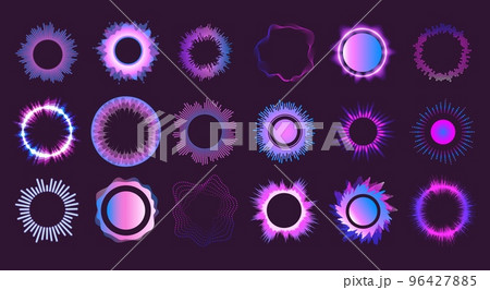 Radial audio waves. Round sound waveform circular equalizer, mulitcolour particle impulse digital signal electronic spectrum frequency music rhythm ingenious vector illustration 96427885