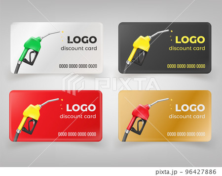 Fuel discount cards. 3d refuel gift coupon, gasoline voucher on free petrol fueling diesel vehicle or auto oil, bank card template of gas station service, tidy vector illustration Fuel discount cards. 3d refuel gift coupon, gasoline voucher on free petrol fueling diesel vehicle or auto oil, bank card template of gas station service, tidy vector illustration 96427886
