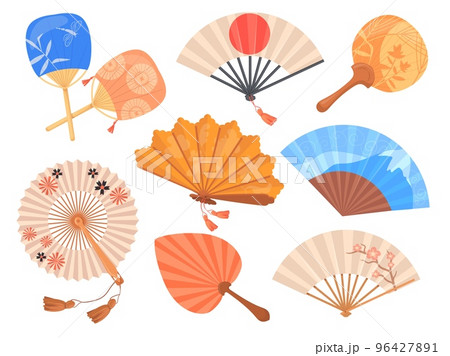 Japanese paper fans. Asian traditional folding hand fan souvenir collection, cartoon vintage elegant uchiwa for geisha, chinese or japan summer tradition, neat vector illustration Japanese paper fans. Asian traditional folding hand fan souvenir collection, cartoon vintage elegant uchiwa for geisha, chinese or japan summer tradition, neat vector illustration 96427891
