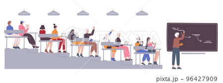 Student lecture in auditorium. Crowd students sitting on university lesson back view, pupils looking talk with lecturer, college teacher or professor, recent vector illustration Student lecture in auditorium. Crowd students sitting on university lesson back view, pupils looking talk with lecturer, college teacher or professor, recent vector illustration 96427909