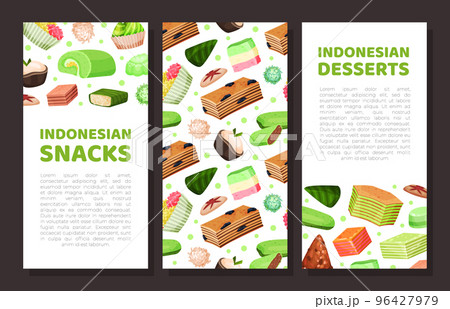 Indonesian snacks banner. Oriental Asian cuisine dishes poster, card, brochure template with space for text and tasty desserts seamless pattern cartoon vector 96427979