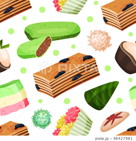 Traditional Indonesian meals seamless pattern. Oriental Asian cuisine dishes repeating print for wallpaper, wrapping paper, textile, package design cartoon vector 96427981