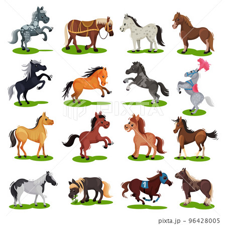 Collection of ponies. Cute little horses of different colors cartoon vector 96428005