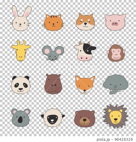 いろいろな動物の顔だけセット-手描きのイラスト 96428329