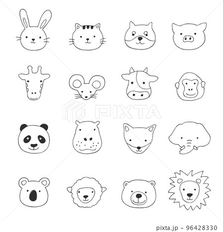いろいろな動物の顔だけセット-手描きの線画イラスト いろいろな動物の顔だけセット-手描きの線画イラスト 96428330