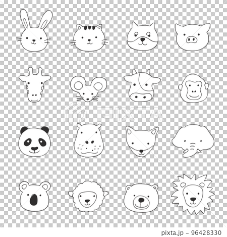 いろいろな動物の顔だけセット-手描きの線画イラスト いろいろな動物の顔だけセット-手描きの線画イラスト 96428330
