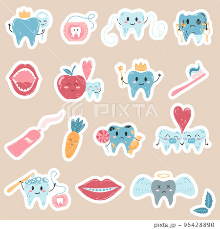 Hand drawn stickers with kawaii teeth characters in cartoon flat style. Vector illustration of healthy and sick tooth Hand drawn stickers with kawaii teeth characters in cartoon flat style. Vector illustration of healthy and sick tooth 96428890