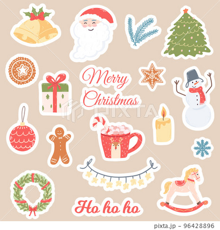 Christmas and New Year stickers in cartoon flat style. Hand drawn cute characters, holiday gifts, sweets, cookies, floral elements and lettering Christmas and New Year stickers in cartoon flat style. Hand drawn cute characters, holiday gifts, sweets, cookies, floral elements and lettering 96428896
