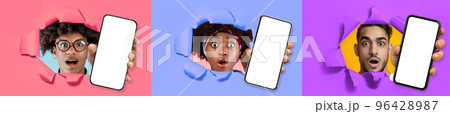 Shocked young people showing cell phones with blank screens, collage Shocked young people showing cell phones with blank screens, collage 96428987