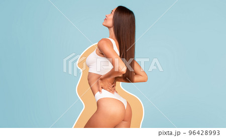 Slimming Concept. Sexy Attractive Female In Underwear With Drawn Outlines Around Body Slimming Concept. Sexy Attractive Female In Underwear With Drawn Outlines Around Body 96428993