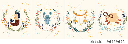 Zodiac Scorpio, Capricorn, Libra, Aries with leaves, colorful flowers and stars around. Set Astrological zodiac Signs perfect for posters, logo, cards. Vector illustration. Zodiac Scorpio, Capricorn, Libra, Aries with leaves, colorful flowers and stars around. Set Astrological zodiac Signs perfect for posters, logo, cards. Vector illustration. 96429693
