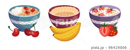 Set Oatmeal Healthy Breakfast, Bowl with Porridge, Fruit, Milk, Yogurt, Berries. Cereal Granola, Muesli Flakes, Oat Meal Set Oatmeal Healthy Breakfast, Bowl with Porridge, Fruit, Milk, Yogurt, Berries. Cereal Granola, Muesli Flakes, Oat Meal 96429806