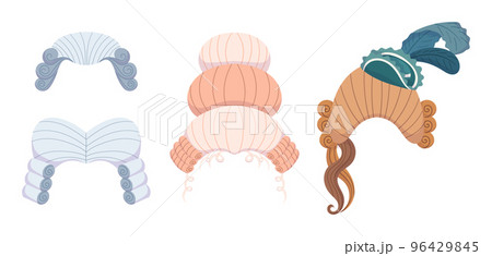 Set of Male and Female Rococo Wigs Isolated on White Background. European Renaissance Periwigs for Men and Women 96429845