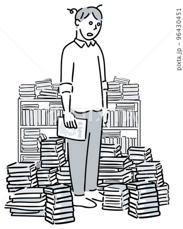 本の整理を始めたが大量の本を前に呆然とする男性 本の整理を始めたが大量の本を前に呆然とする男性 96430451