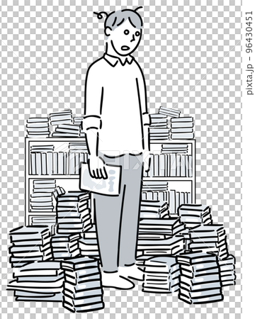 本の整理を始めたが大量の本を前に呆然とする男性 本の整理を始めたが大量の本を前に呆然とする男性 96430451