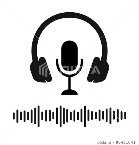 Headphones, microphone and sound wave icons. Online radio, concert, song recording, streaming, podcast, broadcast pictogram. Vector graphic illustration 96431041