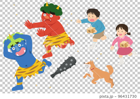 豆まきする子供たちと逃げる鬼_節分 96431730
