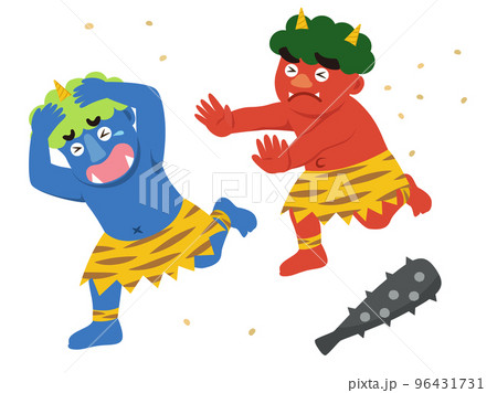 豆まきで逃げる赤鬼青鬼_節分 豆まきで逃げる赤鬼青鬼_節分 96431731