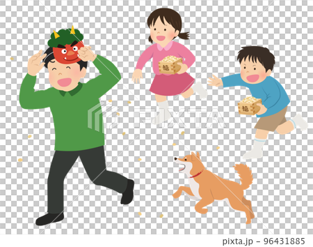 The father who plays the role of the demon and the children who throw beans_Setsubun The father who plays the role of the demon and the children who throw beans_Setsubun 96431885