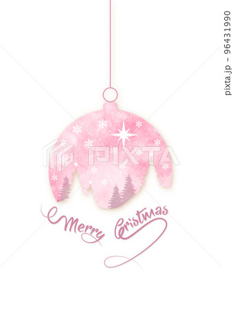 Merry Christmas pink ball shape. Winter seasonal holiday Christmas background. Christmas greeting card with snow globe and winter forest inside. Vector illustration isolated on white 96431990