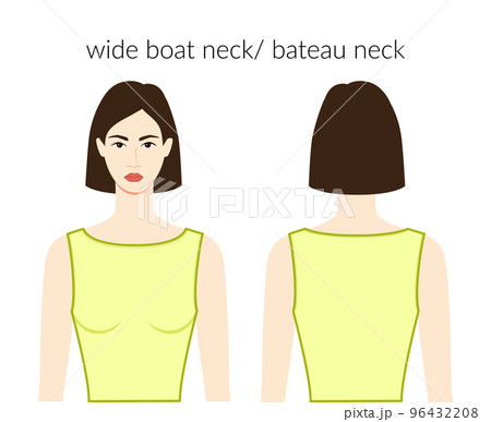 Wide boat bateau neckline clothes character beautiful lady in yellow top, shirt, dress technical fashion illustration Wide boat bateau neckline clothes character beautiful lady in yellow top, shirt, dress technical fashion illustration 96432208