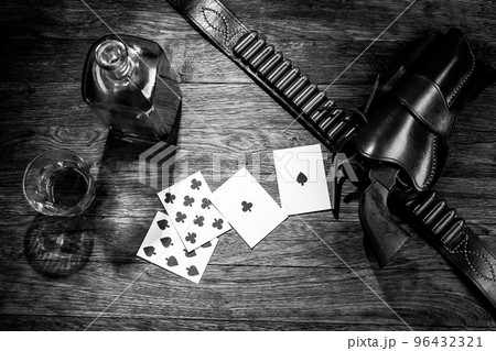 Dead man's hand. Two-pair poker hand consisting of the black aces and black eights, held by Old West gunfighter Wild Bill Hickok when he was murdered while playing a game. Black and white. 96432321